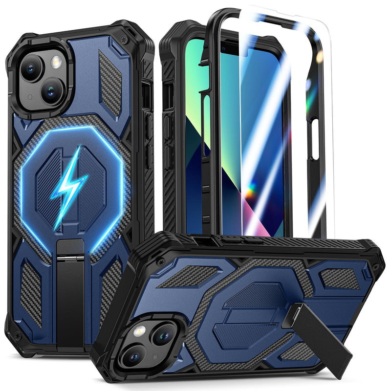 Magnetic for iPhone 13 Case/iPhone 14 Case with Screen Protector, Blue | Invisible Kickstand & Compatible with MagSafe, 3-in-1 Full Body Military Grade Heavy Duty Protective Phone Cover for Men For iPhone 13/14