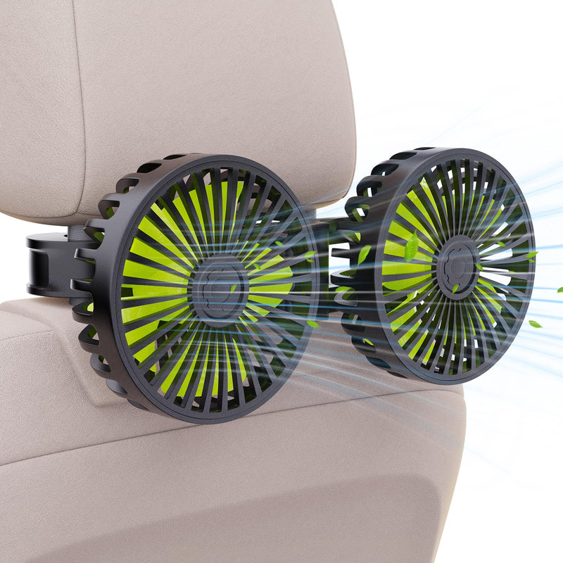 Dual Head USB Car Fan, 3 Speeds 360° Rotatable Backseat Headrest Fan, Quiet 5V/2A Electric Air Circulation Fan for Kids, Pets, Sedan SUV RV Truck black green Large
