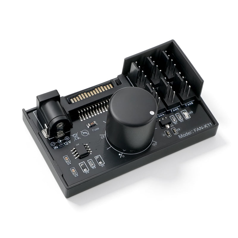 12V 4-Pin PWM Fan Controller, 6 Fans Supported, PC Fan Adapter Hub Adjustable Speed Knob Power Supplied with SATA DC for Fans Cooling