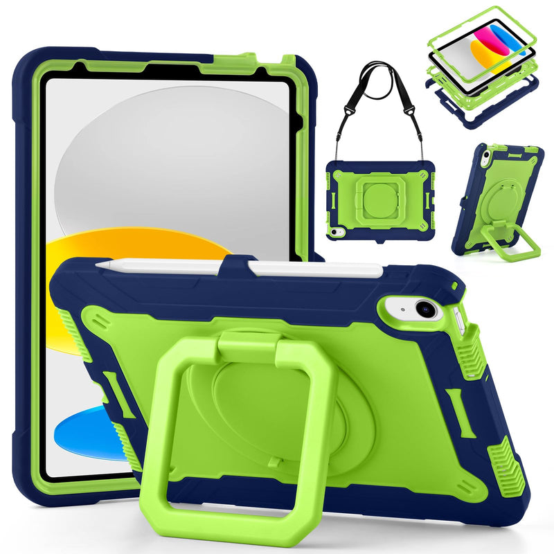 DETUOSI Shockproof Case for iPad A16 11th Gen 11" 2025, Dark Blue + Green | for iPad 10th Generation Case 10.9", 360 Rotatable Stand & Shoulder Strap, 3-layer Protection, Heavy Duty Protective Cover