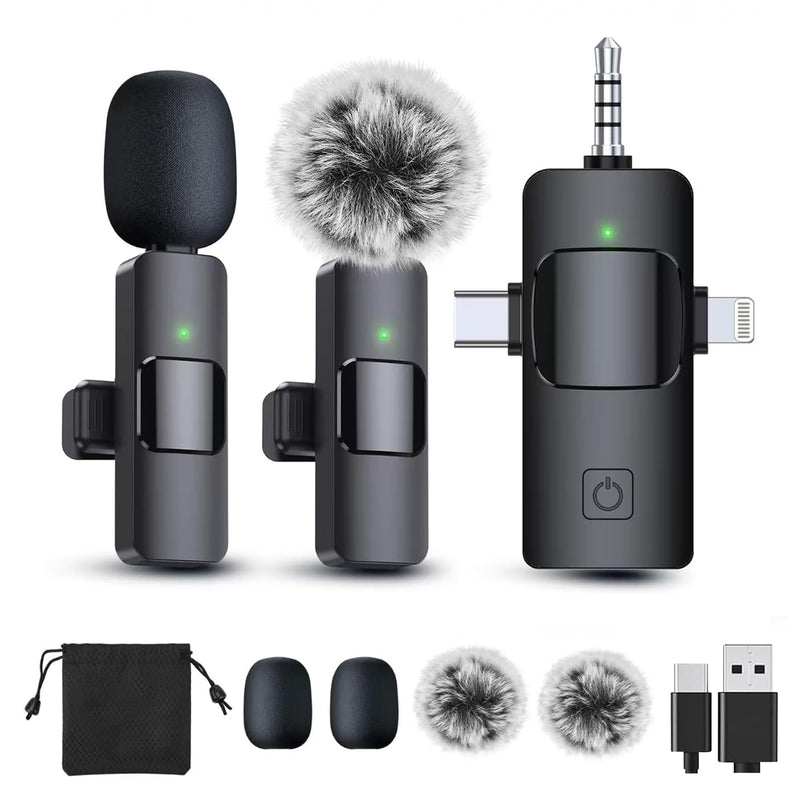 3-in-1 Professional Wireless Lavalier Microphone for iPhone Android Camera, 2-Pack Universal Clip-on Lapel Mic for Video Recording, YouTube Podcast Vlog TikTok Live Streaming, Content Creator