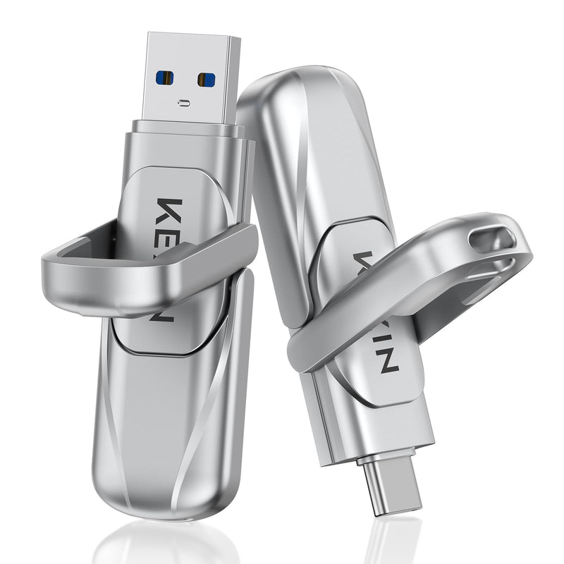 KEXIN 128GB Type C Solid State Drive up to 450MB/s USB 3.2 Gen 1 Dual USB A & USB C Flash Drive Metal for iPhone 15/16/17 Android Smartphone Tablet Game Console Windows Mac 128G silver