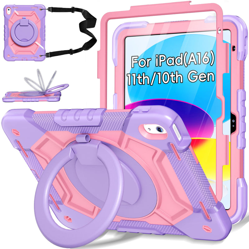 Case for iPad (A16) 11th Generation 11 inch 2025/10th Generation 10.9 inch 2022, Shockproof Cover with Screen Protector/360° Rotate Handle/Bracket/Pen Holder/Shoulder Strap (Purple+Pink) Purple+Pink