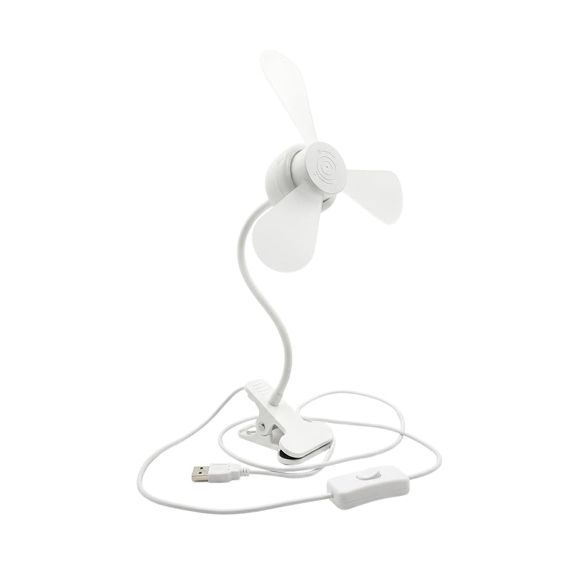 Clip-on USB Powered Fan and LED Lamp Combo, White, 360° Adjustable Flexible Gooseneck, 3000K, Quiet Operation, for Reading, Painting, and Sewing