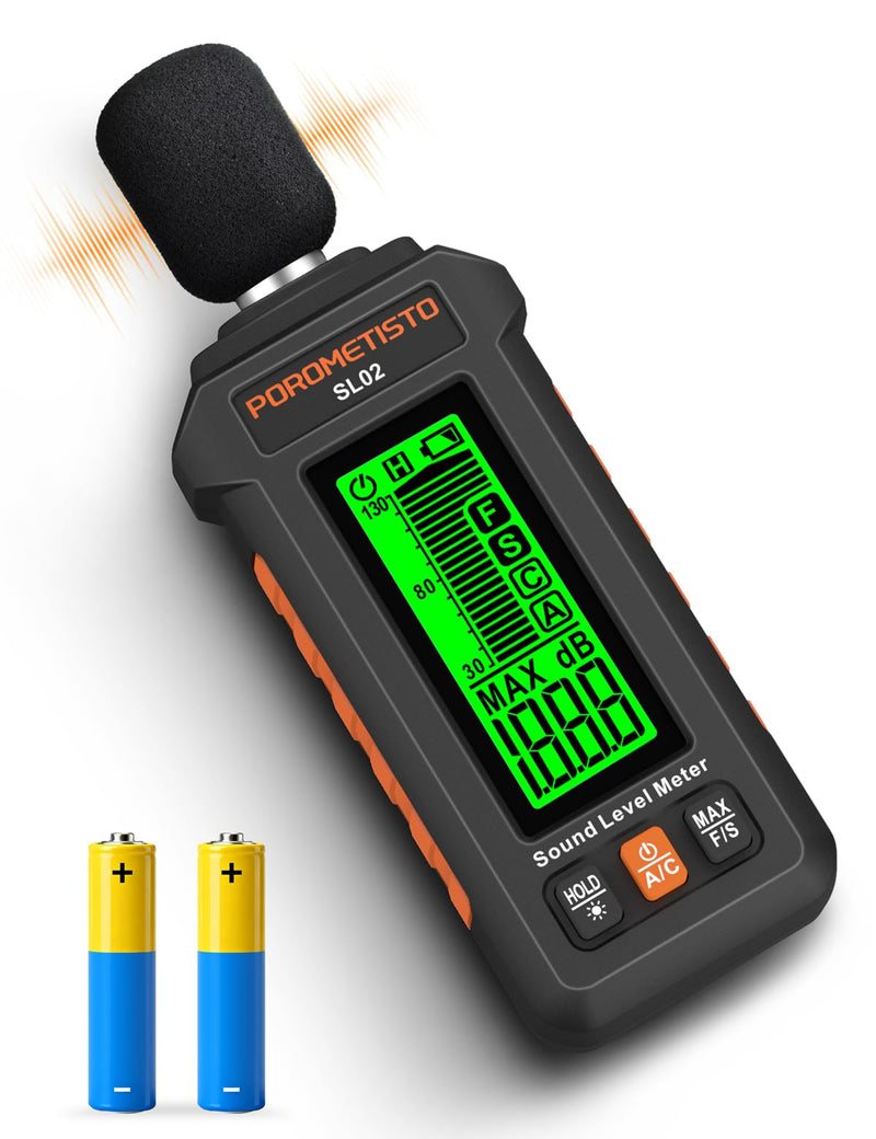 Sound Level Meter, POROMETISTO 30-130dB Noise Decibel Meter with A/C Weighted, ±1.5dB Accuracy, Data Hold, SPL Tester for Home, Factory, Office & Noisy Neighbors
