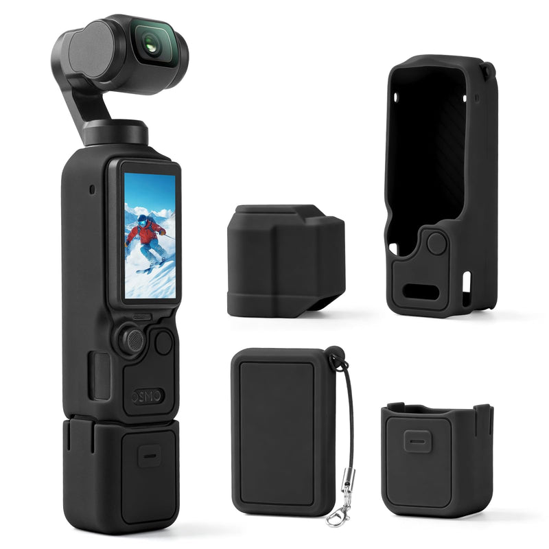 Silicone Protective Case for DJI Osmo Pocket 4, 4-in-1 Modular Cover Set with Lens & Screen Tempered Glass, Soft Anti-Scratch Material, Includes Anti-Loss Wrist Strap – Accessories (Black) Black