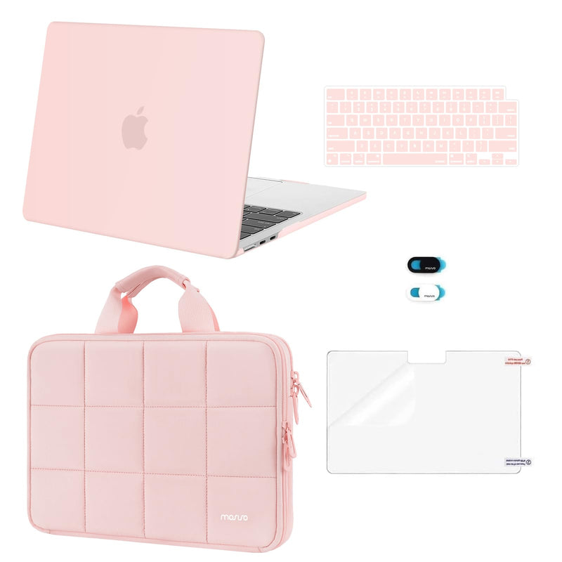 MOSISO Compatible with MacBook Air 13 inch Case M5 M4 M3 M2 2026-2022 | Hard Case&Puffy Bag&Keyboard Skin&Webcam Cover&Screen Film for MacBook Air 13.6, A3449 A3240 A3113 A2681, Pink