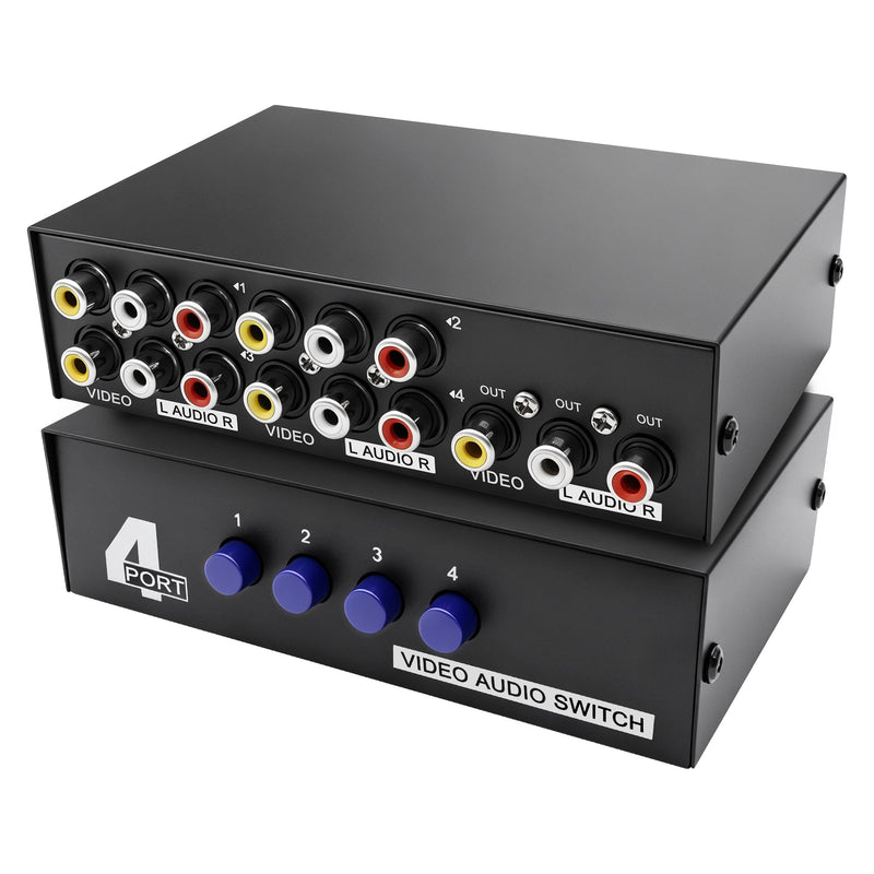 MEIRIYFA 4 Way AV RCA Switcher Splitter 4 in 1 Out 4 Port AV RCA Switch | 4-in-1 Composite Video L/R Audio Switcher Selector Box for DVD Player, Game Consoles TV Monitor Projector