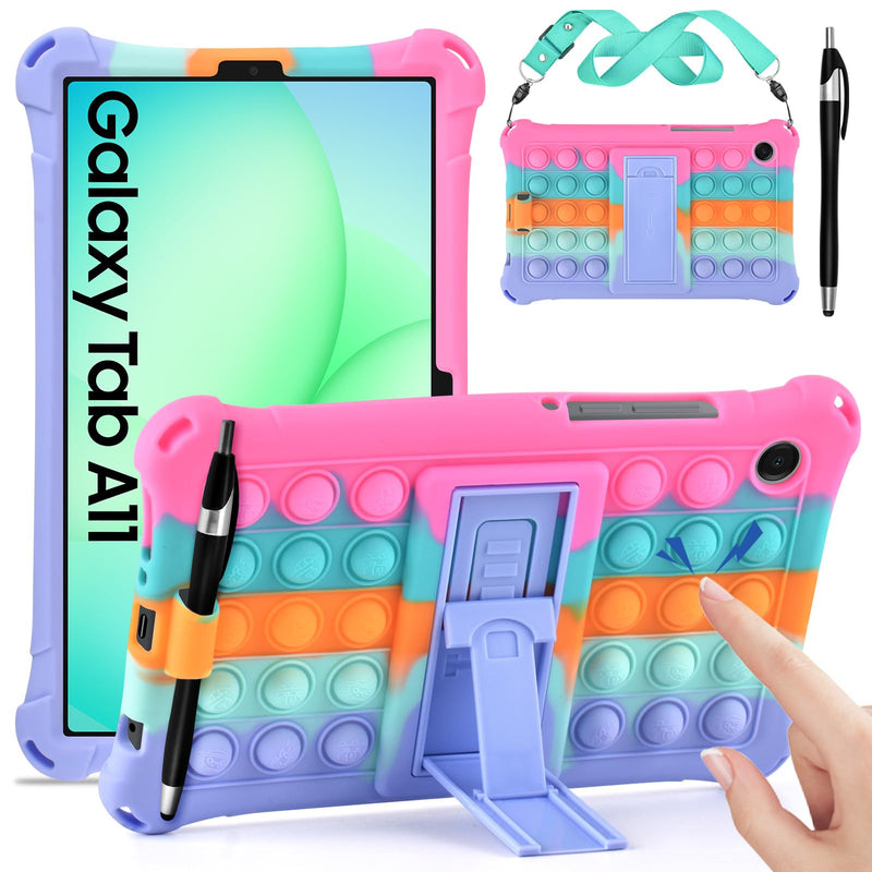 DETUOSI Silicone Case for Samsung Galaxy Tab A11/Tab A9 8.7", Dazzling Pink | Shoulder Strap & Stylus Pen, Built-in Pen Holder, Adjustable Stand, Multi-angle Case, Funny Protective Cover for Tab A11 8.7"
