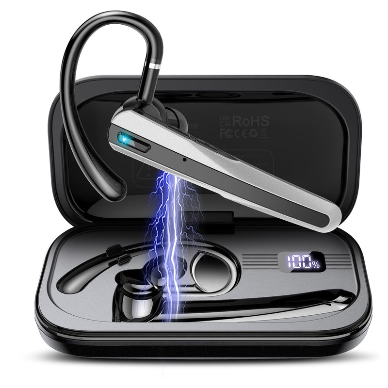 Bluetooth Headset V5.3, Wireless Headset with ENC Noise Canceling Mic | 120Hrs Talk Single-Ear Bluetooth Earpiece, LED Display, IP7 Waterproof Hand-Free Earphone for Business/Trucker/Driver Mysterious Black