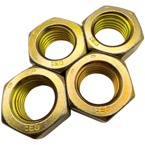 7/8"-9 Grade 8 Hex Nuts (4 Pack) – Heavy Duty Yellow Zinc Coarse Thread Fasteners, SAE J995 High Strength Steel Hex Nut Yellow Zinc – 4 Pack