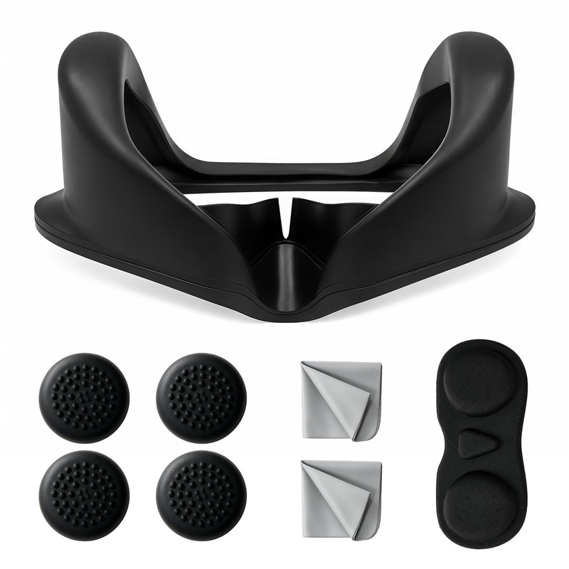 Quest Pro Light Blocker Silicone Facial Interface | Full Light Blocking(VR Accessories Kit with Lens Protective Cover, Thumbstick Caps, Cleaning Cloths)