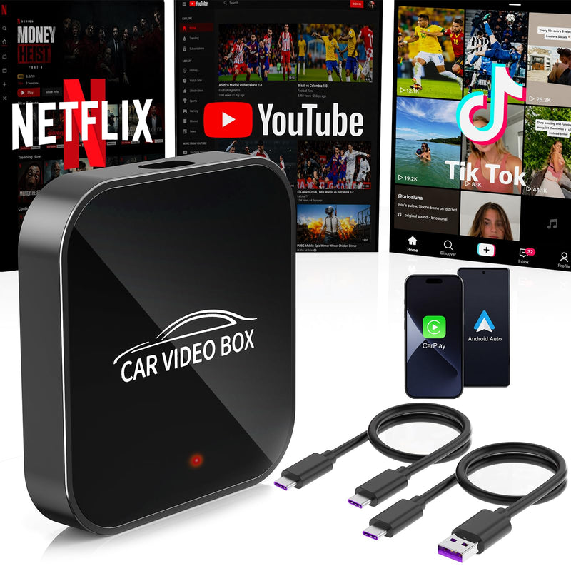 3-in-1 Magic Video Box—Wireless CarPlay & Android Auto Adapter Support Netflix,YouTube,TikTok,TF Card,Wired-to-Wireless Conversion, No Latency Car Play AI Box for Cars from 2016 & IOS10+/Android 11+ Black