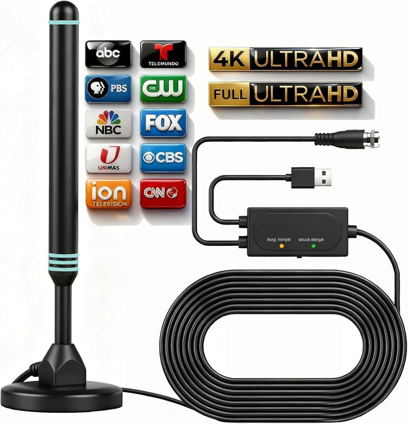 Amplified Digital TV Antenna for Smart TV Indoor Local Channels, Switchable Signal Booster HDTV Antenna for Long Range, Digital Antenna 4K 1080p HD Free Channels VHF/UHF 28dB