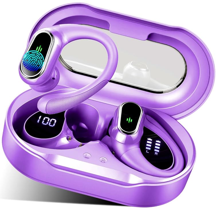 Wireless Earbuds, 2026 Bluetooth 5.4 Headphones, ENC Noise Canceling Mic | 60Hrs+ Stereo Wireless Headphones, IP7 Waterproof Bluetooth Earbuds, Sport Earhooks, Dual LED Display, for Workout, Running Loyal Purple