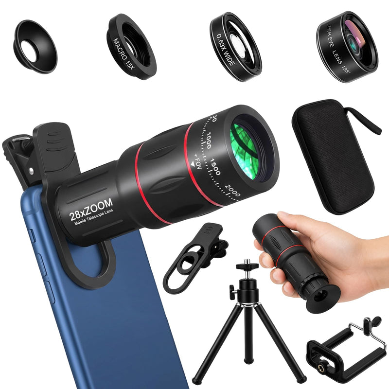 28X Telephoto Lens for iPhone with Tripod, 4-in-1 Phone Camera Lens Kit | Includes Wide Angle, Macro, Fisheye Lens, Universal Clip for Samsung Android, Pro Mobile Photography Attachment