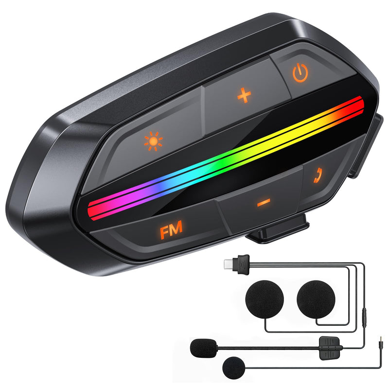 Motorcycle Bluetooth Headset V5.3, Noise Cancelling Helmet Speakers with High Volume, Dual Mic, 1000mAh Battery, IPX6 Waterproof & RGB Lights for Riding Black