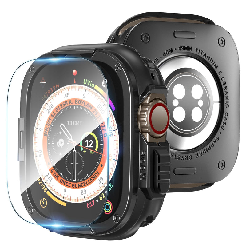 Titanium Rugged Case Compatible with Apple Watch Ultra 3/2/1 49mm, 2 in 1 Full Coverage Metal Cover with Screen Protector, Lightweight Protective Pure Titanium Bumper for iWatch Case Black