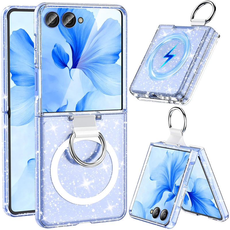 for Samsung Galaxy Z Flip 8 Case Magnetic, Z Flip8 with Ring, Glitter Clear | Compatible with MagSafe, Military Drop Protection, Glitter Bling Sparkly, Slim Fit Hard PC Rugged Case for ZFlip 8 for Samsung Galaxy Z Flip 8
