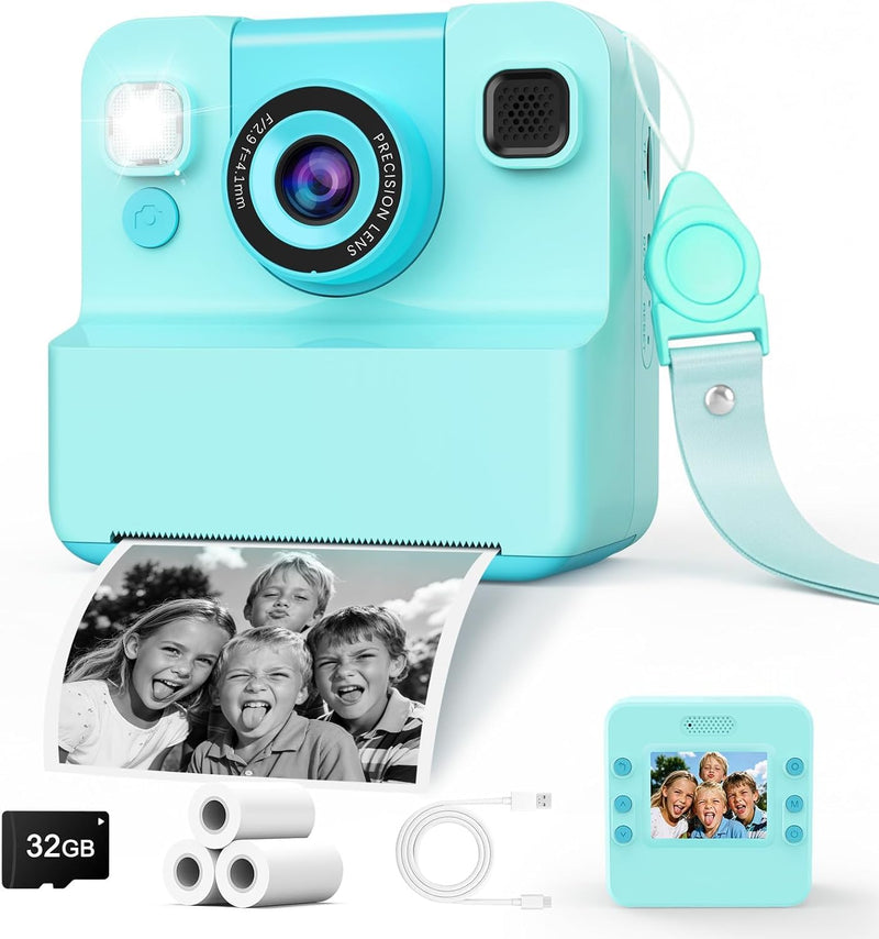 Alotwan Kids Instant Print Camera Video, 32GB Card, 3 Rolls Paper | Flip Lens, 48MP HD Digital Photo, Fun Photo Effects & Frames, Pocket Size Travel, Gift for Boys Girls