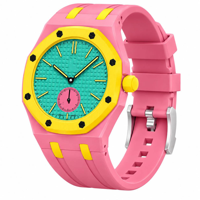 Rugged Case Band Compatible with AP x Swatch Royal Pop Watch Band, 10.6inches, Quick Release Bands Sport Replacement Strap, Sports Silicone Strap with Shockproof Frame Bumper Case for Men Women Strap pink&yellow-3-o'clock