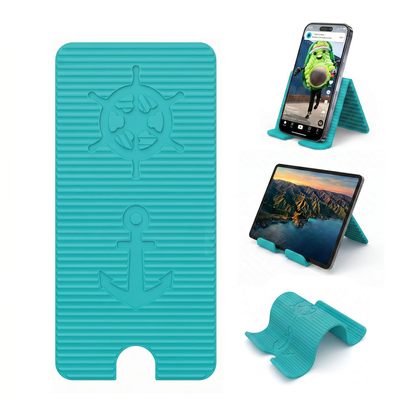 Adjustable Foldable Silicone Phone Stand, Cyan Blue, with Charging Port, Non-Slip Desk Holder for iPhone, Samsung, Tablets 1