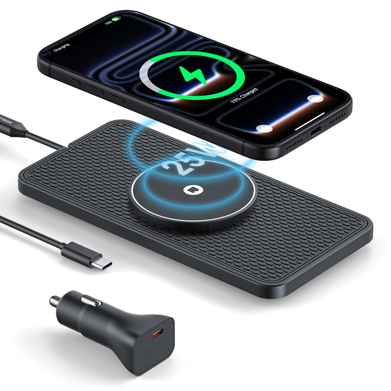 25W Magnetic Wireless Car Charger Pad, REESTECQI for MagSafe Car Charger with 45W USB-C Car Charger, Anti-Slip Wireless Charging Pad for Car Compatible with iPhone 17 16 15 14 13 12 (30CM Cable) 30CM Cable
