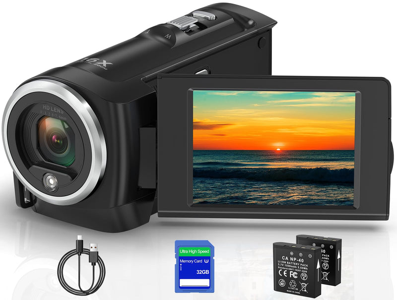 Video Camera Camcorder, QHD 2.7K 56MP 16X Digital Zoom Vlogging Camera | 2.8" 270° Rotatable Screen Camcorder, Built-in LED Fill Light Camcorder for YouTube with 32GB Card and Two Batteries