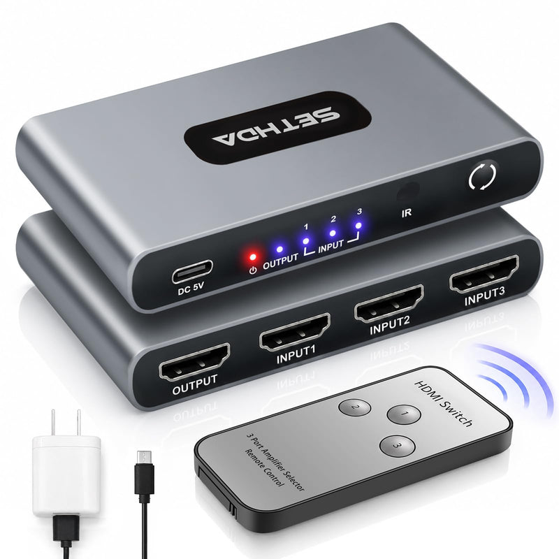 HDMI Switch 3 in 1 Out 4K@60Hz, HDMI Splitter Switcher with Remote& Charger | Low-Latency VRR, Aluminum HDMI Box Hub Supports Dolby, 3D, HDR, HDCP 2.2 CEC, Compatible with PS5, Xbox, Switch, TV,Projector
