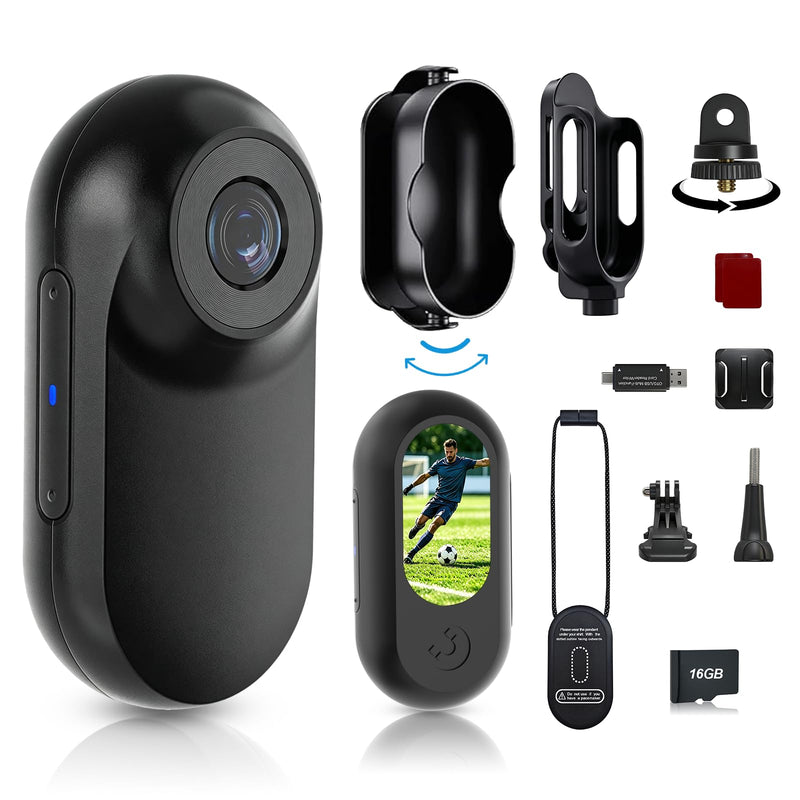 Mini Body Camera, Thumb Size Wearable 1080P Action Camera with 16GB | Magnetic Necklace POV Cam, Helmet Mount,Mounting Kit for Cycling,Vlogging,Sports,Up to 128GB Expandable,Gift for Men & Women Blcak