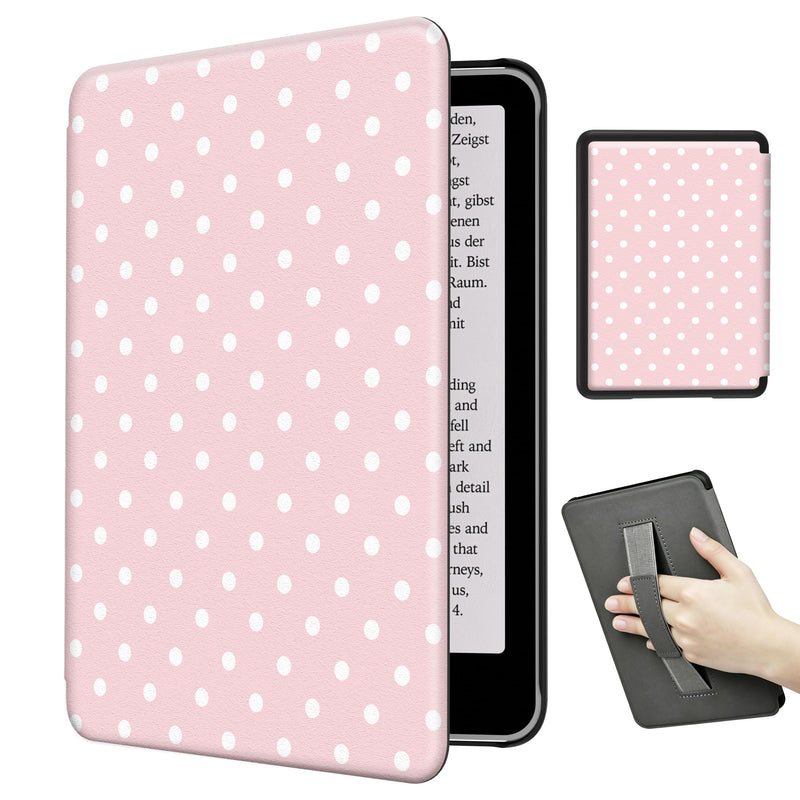 Teryeefi Case for New Kindle Paperwhite 12th Gen 2024 and Kindle Colorsoft Signature Edition, Lightweight PU Leather Protective Cover with Auto Sleep Wake with Hand Strap Function (Pink Polka Dot) Pink Polka Dot