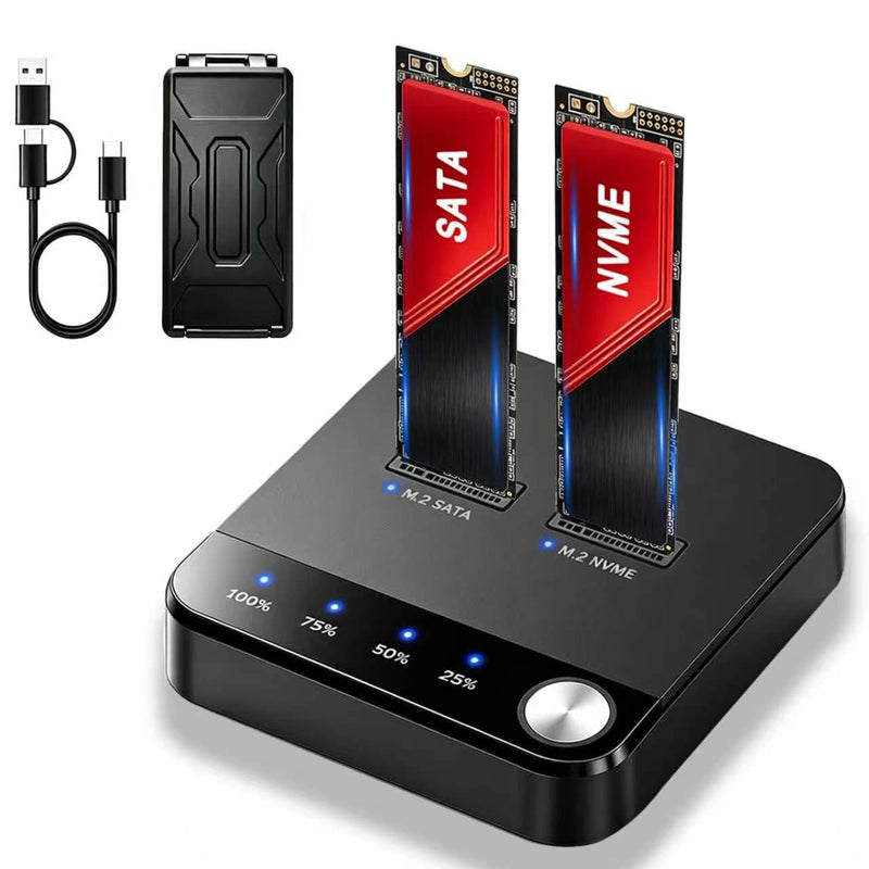 20Gbps M.2 Cloner & Duplicator, Dual Bay NVMe SATA SSD Enclosure | Tool-Free with Storage Box,Cross-Protocol Offline Clone,NVMe B+M/M-Key PCIe M2 Reader Support, M.2 Docking Station up to 16TB NNME SATA SSD Duplicator