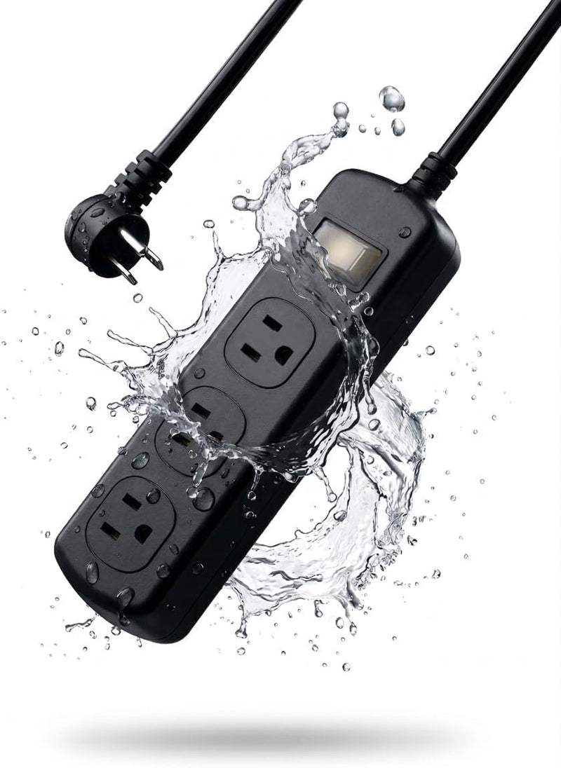 Outdoor Power Strip Weatherproof IPX6, Waterproof Surge Protector with 3 Wide-Spaced Outlets, Flat Plug Heavy Duty Extension Cord for Garden Patio Garage, Wall Mountable, 13A 1625W (Black, 3FT) Black