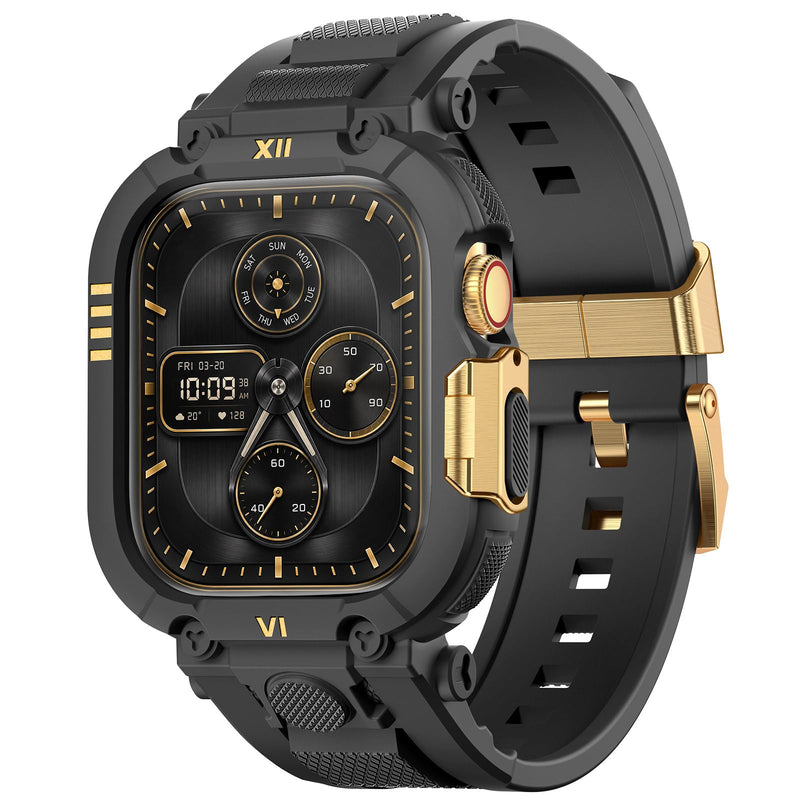 DABAOZA Rugged Sport Band with Case Compatible for Apple Watch 45mm 44mm | Shock&scratch resistant,men sport daily wear,fits 45mm 44mm,iWatch Series 9 8 7 6 5 4 SE 3 2,Black/Gold Black/Gold 45mm/44mm
