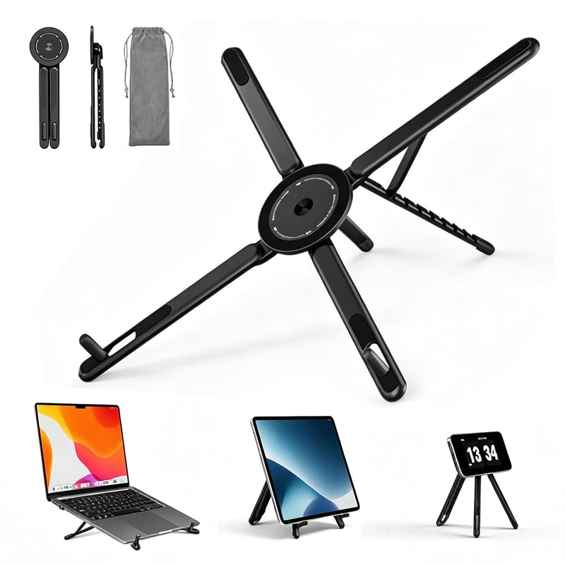 Magnetic Laptop Stand, 3-in-1 Foldable Aluminum Riser, Grey | 8-level height adjustment, built-in phone holder, fits 10-16 inch laptops, ergonomic foldable for desk office work