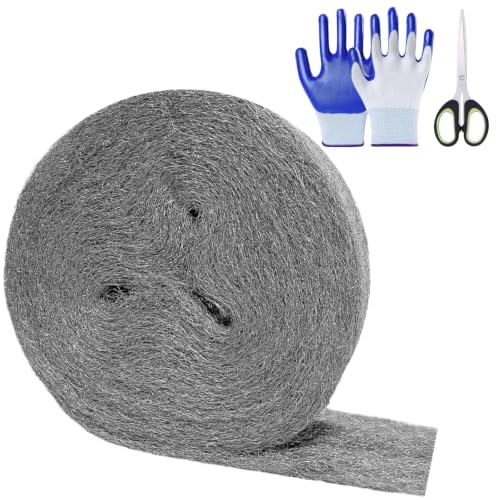 Steel Wool Mice Control, #1 Coarse Steel Wool 65Ft(1.1lb), Mouse Hole Filler DIY Kit Includes Gloves & Scissors for Home & Garage, Wall, Garden, Medium Grade