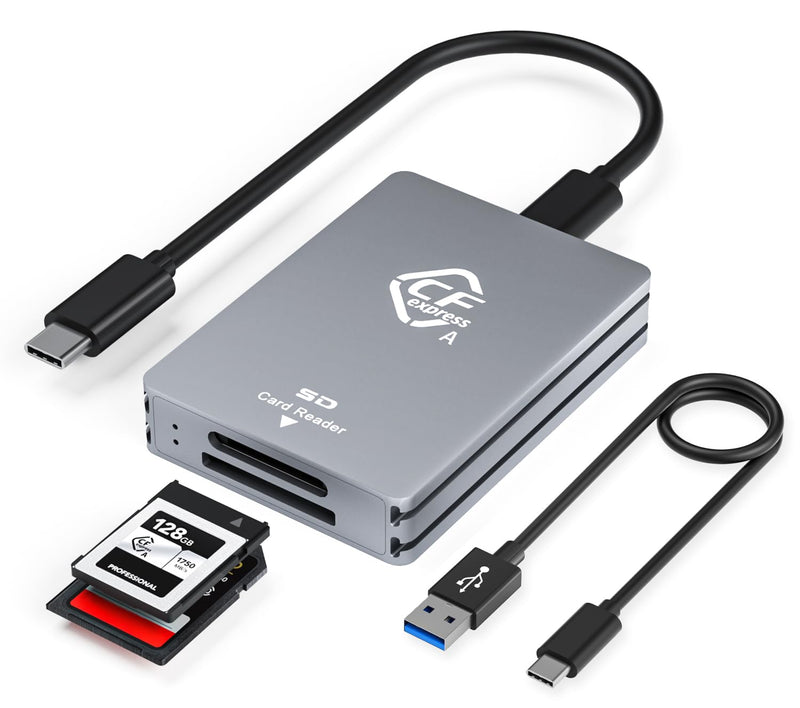 CFexpress Type A & SD Dual-Slot Card Reader, 10Gbps USB 3.2 Gen 2 Adapter | Comes with USB-C/USB-A Cables, aluminum heat-dissipating shell, plug & play, compatible with Windows, Mac, Linux & Android