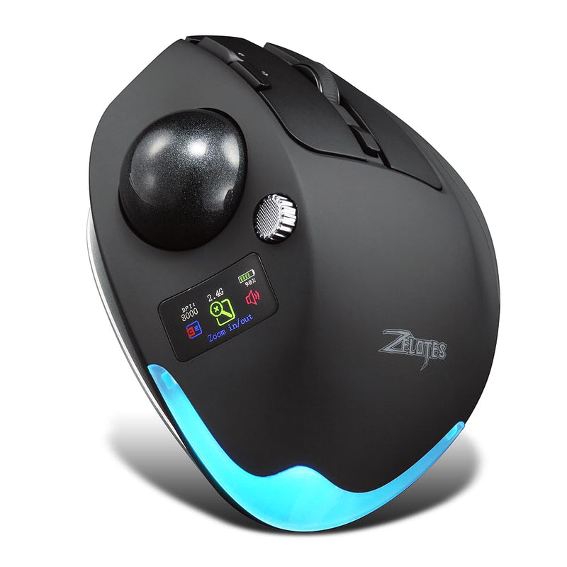 zelotes Wireless Trackball Mouse with Display,Ergonomic Bluetooth Mouse,Rechargeable,4800 DPI, 3-in-1(BT +2.4GHz USB Receiver+Type-C), 8 Programmable Buttons,LED Lighting,for Laptop, PC, Pad,Black