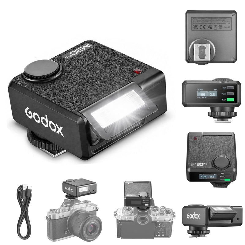 Godox iM30Pro iM30 Pro Mini Camera Flash, GN15 Mini Flash, AUTO/Manual Mode | 550 Full-Power Flashes, 1.5s Recycle Time, HD Color Screen, Built in Lithium Battery, Tiltable Head, Single-Contact Hotshoe