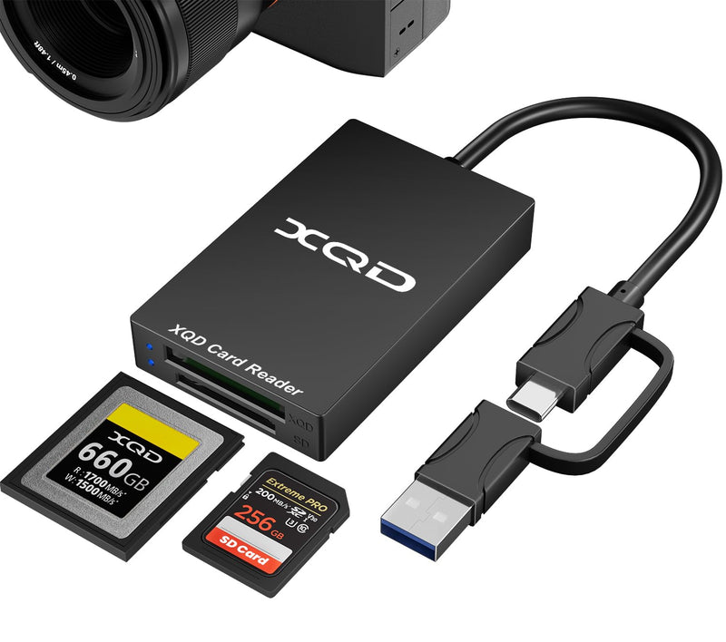 XQD Card Reader, 2-in-1 USB-C&USB-A 5Gbps USB 3.0 XQD/SD Memory Card Reader | Dual slot Adapter, for Sony G/M Series, Lexar 2933x/1400x, iPhone 17/16/15, iPad, Laptop, Windows, Mac OS, Android, Plug＆Play