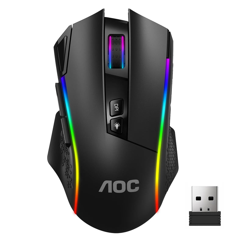 AOC GM401 Wireless RGB Gaming Mouse, 12000 DPI, Rapid-Fire Shotcut, 70Hrs | 2.4GHz Cable-Free 0 Delay /Bluetooth 5.0/USB-C Wired, Remapping Keys, Vibing Backlight, Ergonomic Comfort, Fits for FPS Gamer Black
