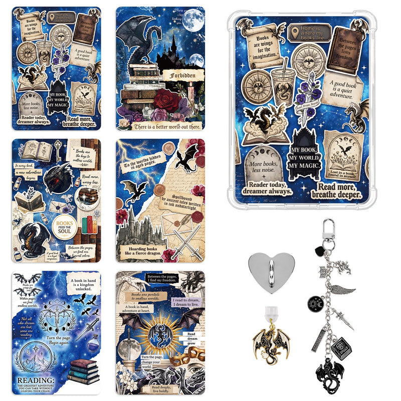 Insert Cardstock for Clear Cases, 6 Pcs Fantasy Dragon Cardstock Inserts with Charm Chain Dust Plug, Reading Accessories Compatible with Kindle Paperwhite, Fantasy Reader Gifts for Women Book Lovers Fantasy Dragon063