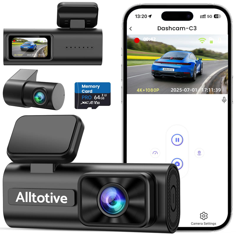 Dash Cam Front and Rear 4K+1080P, Dual Dashcam with 64GB Card | 5GHz WiFi, App Control, 1.47" IPS Screen, 24H Parking Mode, Night Vision, 170° Wide Angle, G-Sensor, WDR, Car Camera