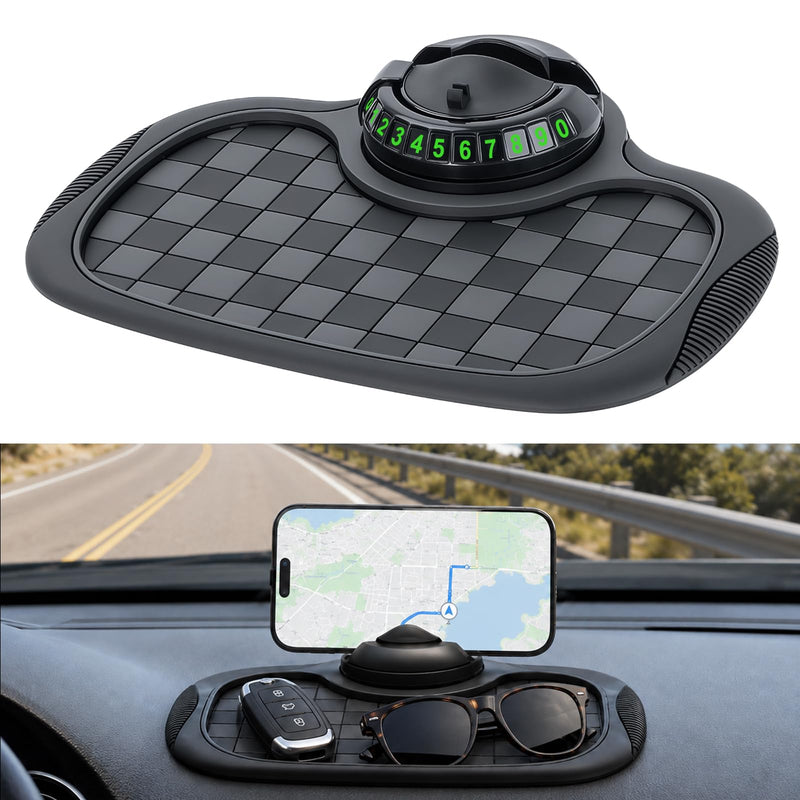 Multifunctional Car Anti Slip Mat, 360° Rotatable Phone Holder Dashboard Pad with Temporary Parking Number, Anti Skid Organizer for Phones Sunglasses Keys (Black & Gray) Black & Gray