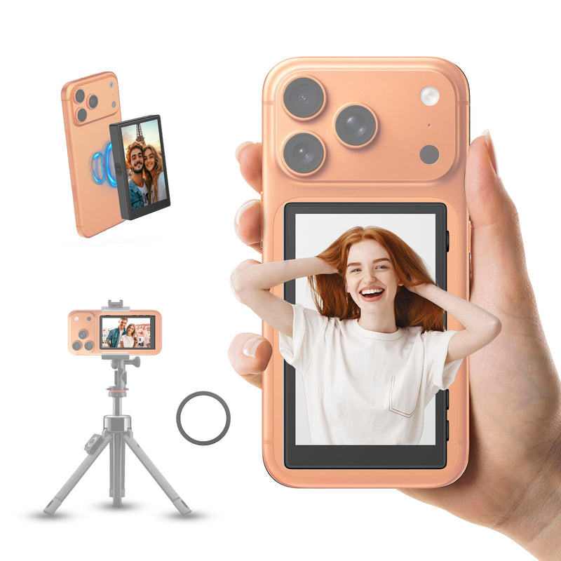 Selfie Monitor Screen Compatible with iPhone 17 and Below & Android, Magnetic Touchscreen Back 4K Camera Vlog Monitor, 2000mAh Battery, 3.5mm Jack, Selfie Screen for Vlog Live Stream TikTok YouTube Black