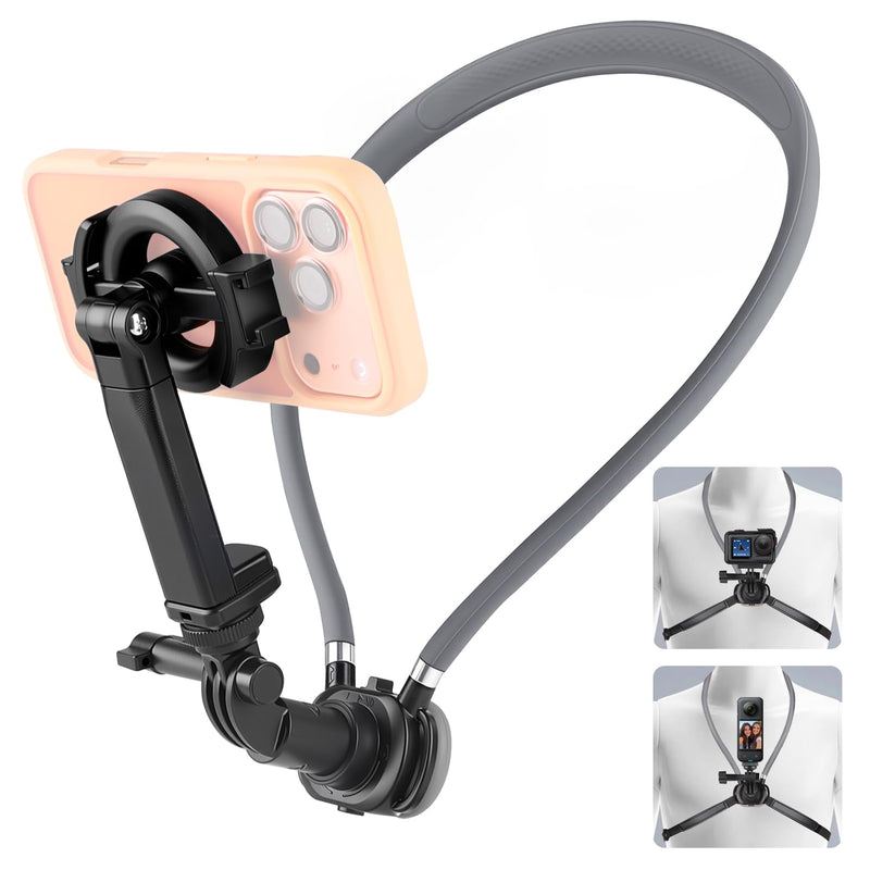 Magnetic Neck Mount for Phones, Neck Camera Mount for GoPro Insta360, Gray | 2-in-1 Magnetic & Clip-on Neck Phone Holder, Multi-angle Adjustment for Hands-free POV Shooting, with Chest Strap & 1/4" Head