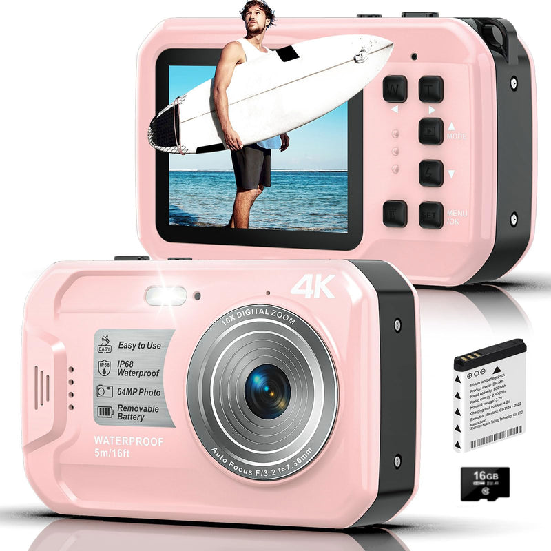 4K Underwater Camera, 64MP 16FT Waterproof Camera w/16GB Card, Pink | Floatable Digital Camera, 16X Digital Zoom, Auto Focus, Fill Light, 650mAh Battery, Ideal for Travel, Surfing, Swimming