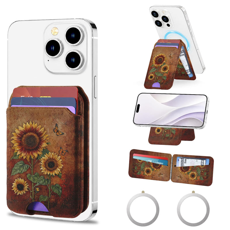 bolimoss Sunflowers Magnetic Wallet Stand,Leather Card Holder with 3 Card Slots & 2 Rings, Phone Wallet with Adjustable Stand for Phone Case,Magnetic Wallet for iPhone 17/16/15/14/13/12 Series(Brown) Fall Sunflowers