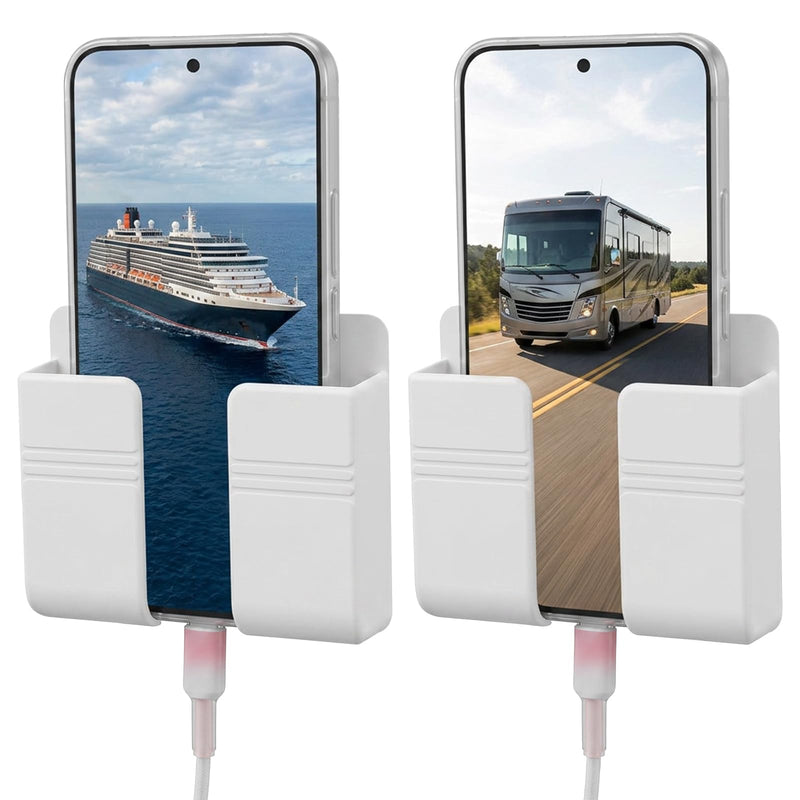 2 Pcs Wall Phone Holder for RV, Boat, Camper, Dorm, Apartment, Bedroom | No Drill, Strong Adhesive, Universal Wall Mounted Phone Holder for Travel Trailer, Pontoon Boat, Cruise Essentials White
