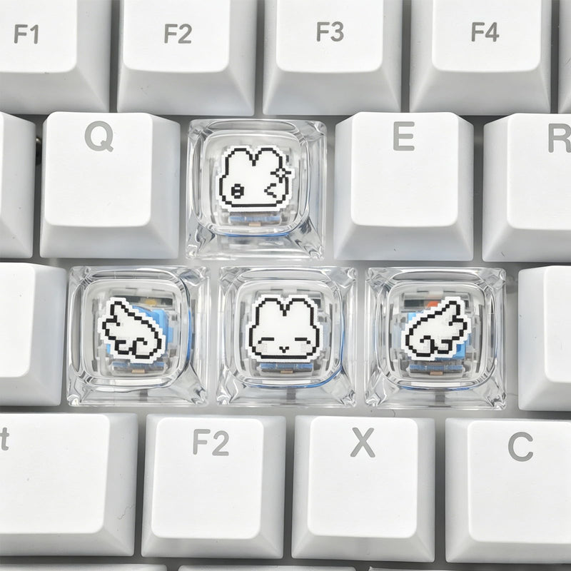 4Keys Cute Pixel Rabbit Keycap Custom Transparent Personalised Cartoon DIY Supplement Keycaps for Cherry MX Switch Mechanical Keyboard Transparent Rabbit